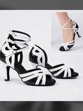 Women's Ballroom Dance Shoes Open Toe Black & White Snake Print Heels Size 39 (E